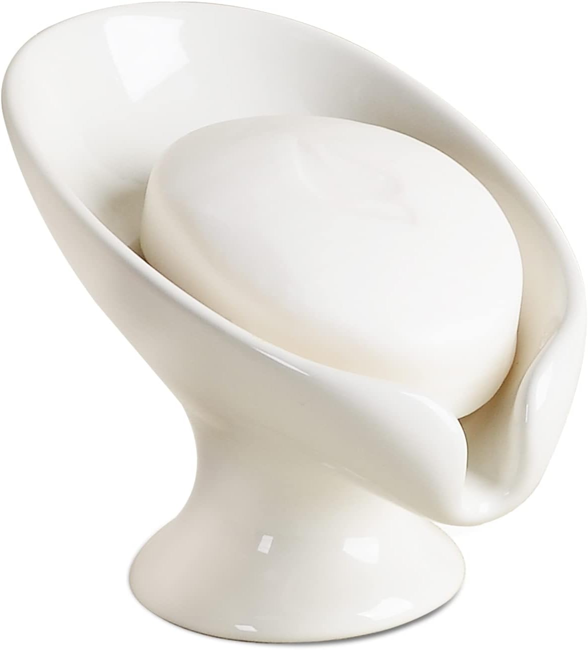 Soap Dish, Self Draining Bar Soap Holder for Bathroom Sink, Leaf-Shaped Drainage Ceramic Cream