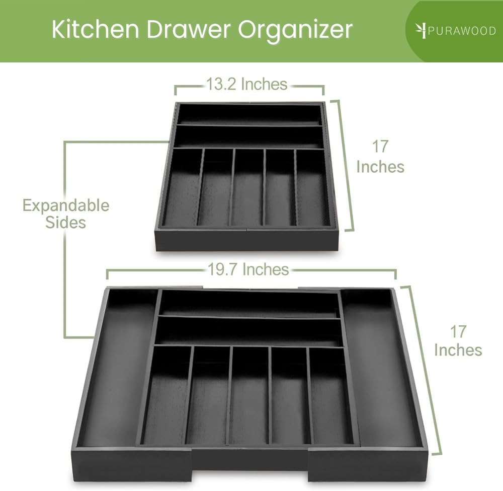 Purawood Bamboo Drawer Organizer - Expandable Silverware Organizer & Utensil Organizer, Cutlery