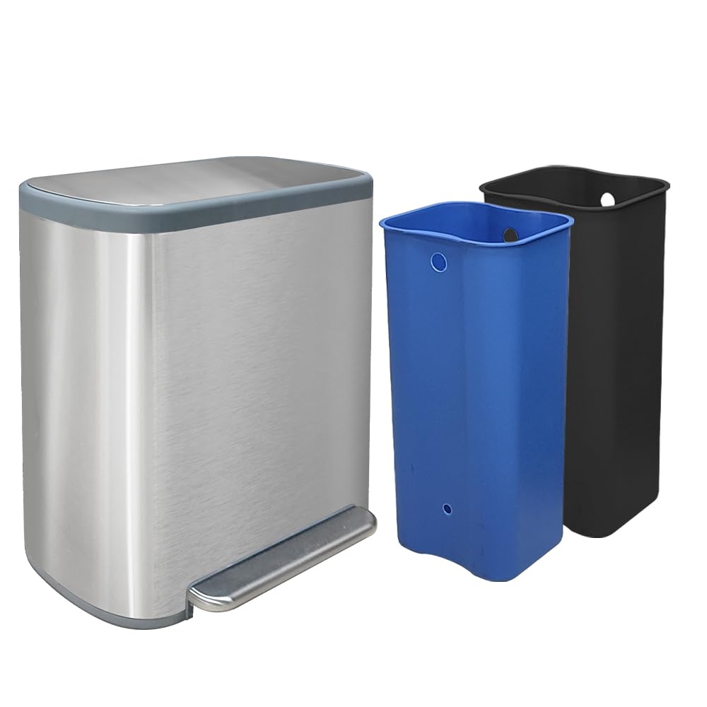 Kitchen Trash Can 16 Gallon, 2 x 30 Liters Trash and Recycle bin Combo, Dual Compartment & Soft