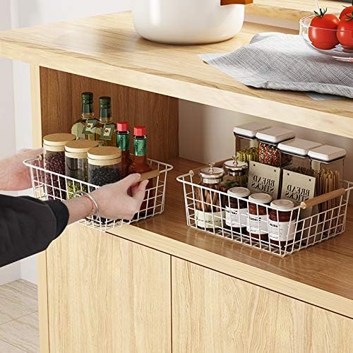 LeleCAT White Wire Baskets for Organizing with Handles，Pantry Organizers and Storage For Kitchen