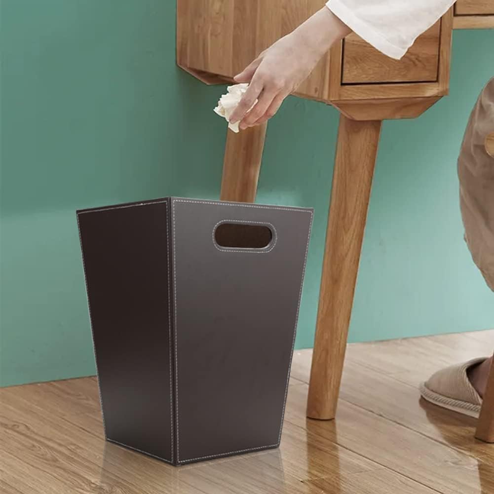 KINGFOM Classic Pu Leather Trash Can Wastebasket, Garbage Container Bin with Handles for Bathrooms