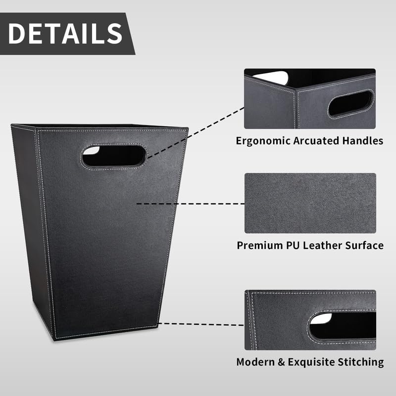 Pu Leather Trash Can for Bedroom, 16L/4.2 Gallon Office Wastebasket with Handles for Near Desk