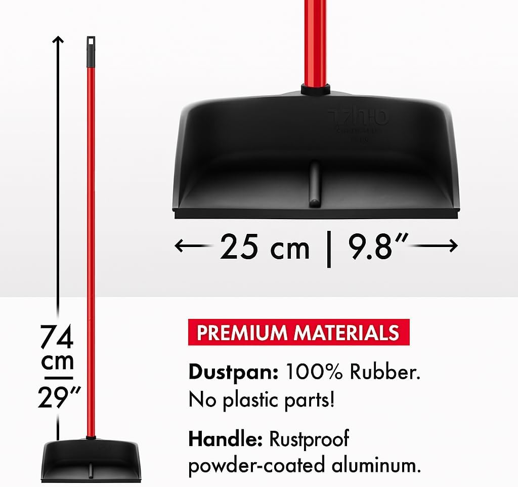 Dustpan with Handle by Ravmag- Solid Natural Rubber Construction- 29” Long Handled Dust Pan- Stand
