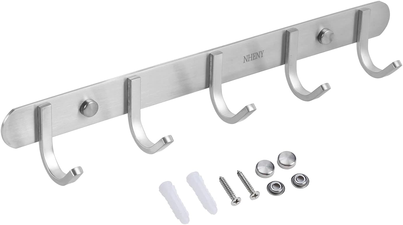 Coat Hook Rack Hanger –Towel Hook Rail with 5 Hooks 13-Inch Wall Mounted for Bedroom, Bathroom