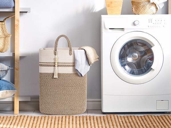 Woven Laundry Basket for Clothes, 50 L Large Rectangle Laundry Hampers with Beads Tassel, Nursery