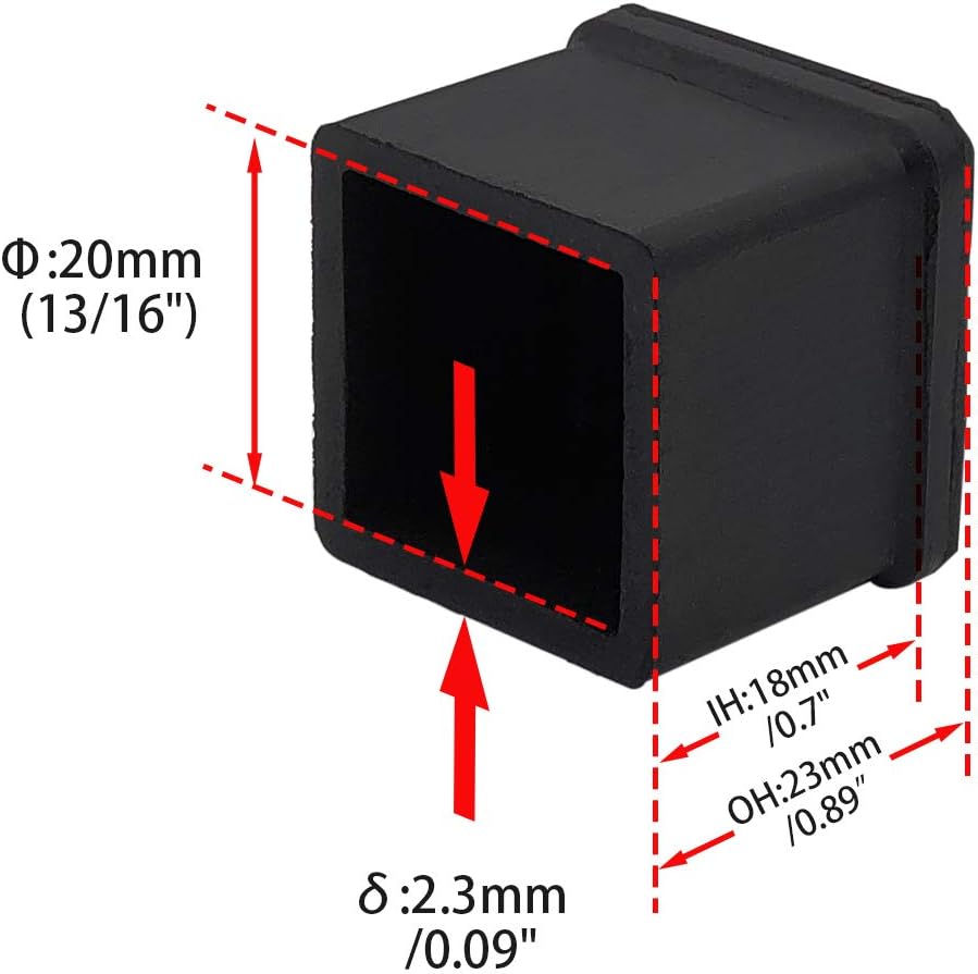 Flyshop Heavy Duty Non-Slip Rubber Leg Tips Square Chair Leg Floor Protectors 20mm x 20mm (13/16" x