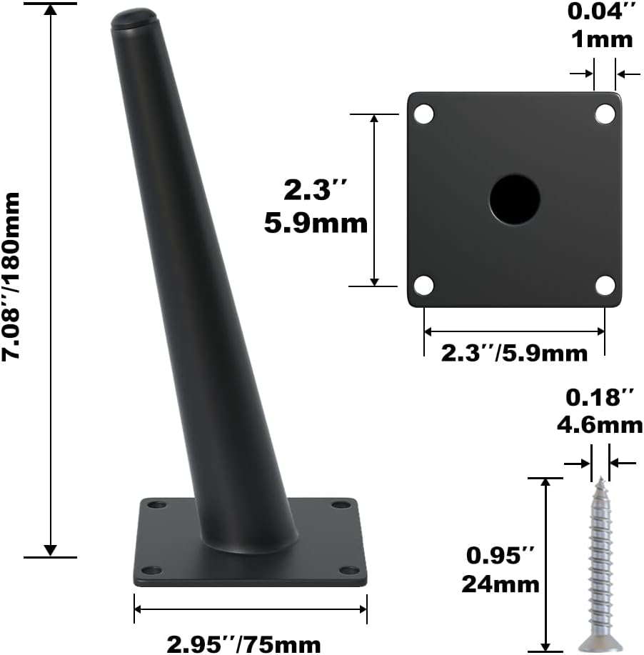 4PCS 7 Inch Matte Black Tapered Angled Legs for Furniture, Metal Mid Century Mordern Feet, Heavy