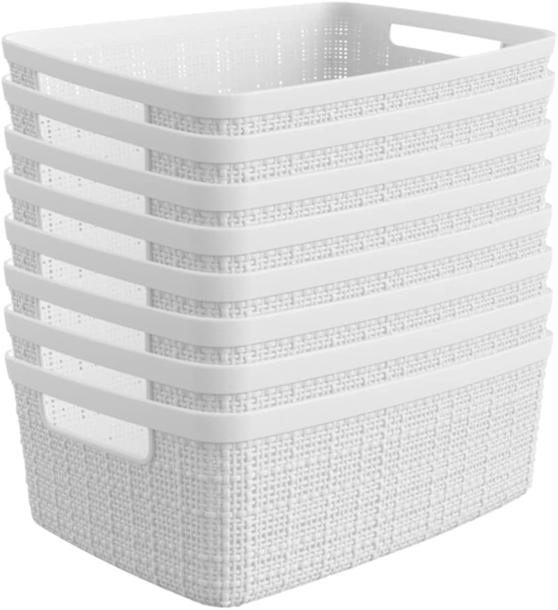 Curver Set of 8 Jute Small Decorative Plastic Organization and Storage Baskets, Perfect Bins for