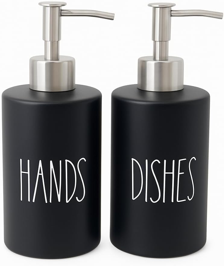 Modern Farmhouse Ceramic Dishes and Hands Soap Dispenser Set for Kitchen | Stainless Steel Pumps |