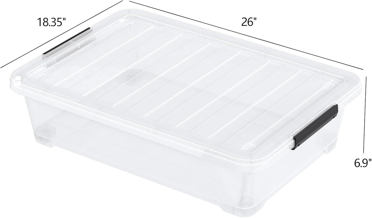 Set of 3 42 L Clear Plastic Under The Bed Storage Bins, Underbed Box with Latching Lid and Wheels