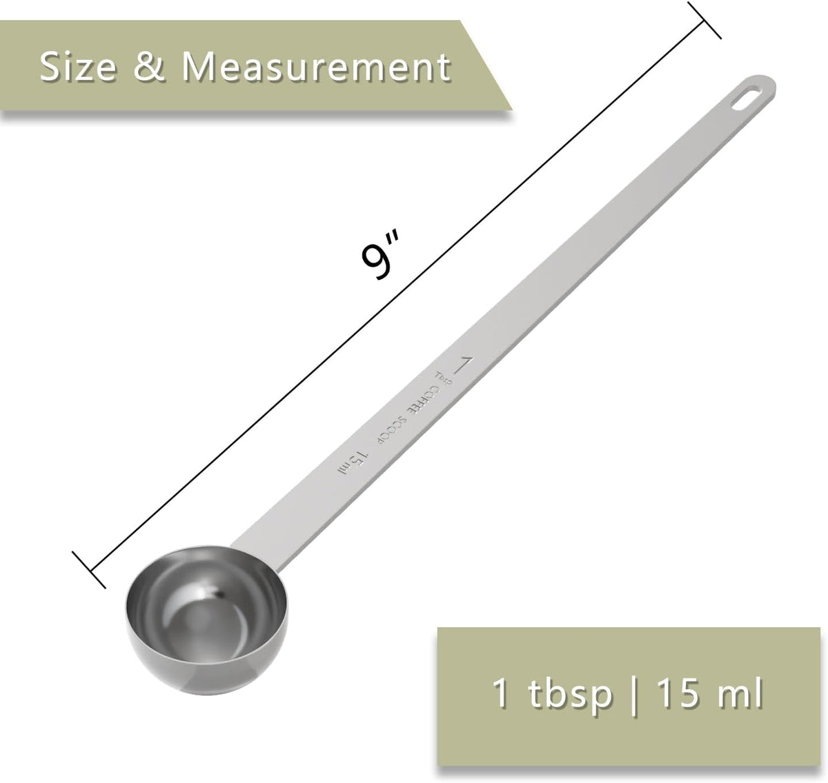 1PCS 1 Tablespoon Coffee Scoop, 9" Long Handle Measuring Spoon, One tbsp (15 ml) Stainless Steel