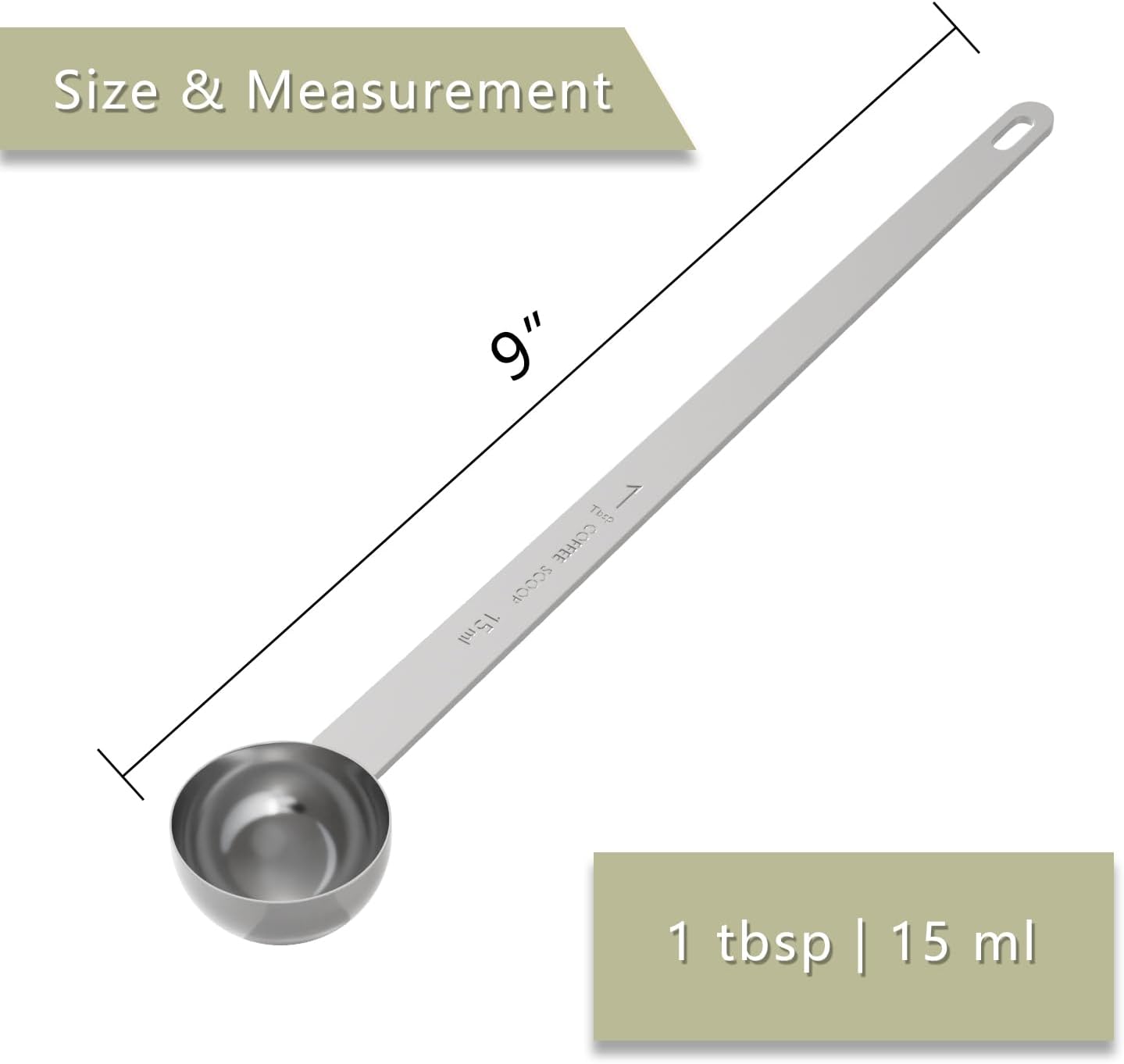 2PCS 1 Tablespoon Coffee Scoop, 9" Long Handle Measuring Spoon, One tbsp (15 ml) Stainless Steel