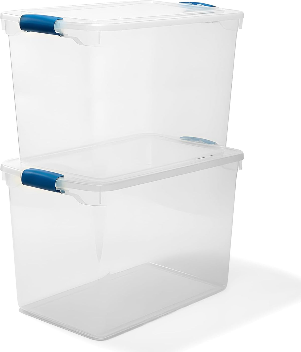 HOMZ 2-Pack Latching Lid, Clear Plastic Storage Organizer Bins, 112 Quart, Blue Latch - Stackable