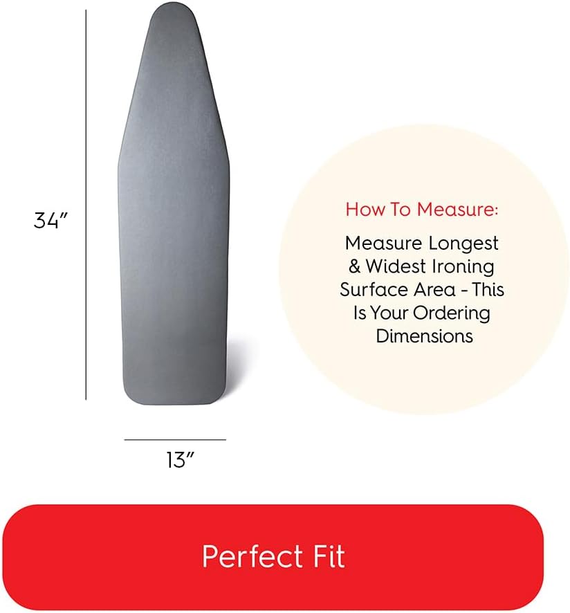 TIVIT Ironing Board Cover 13 x 34, Made in Italy. Pro Grip Pad Covers w/3 Fastener Straps & Pull