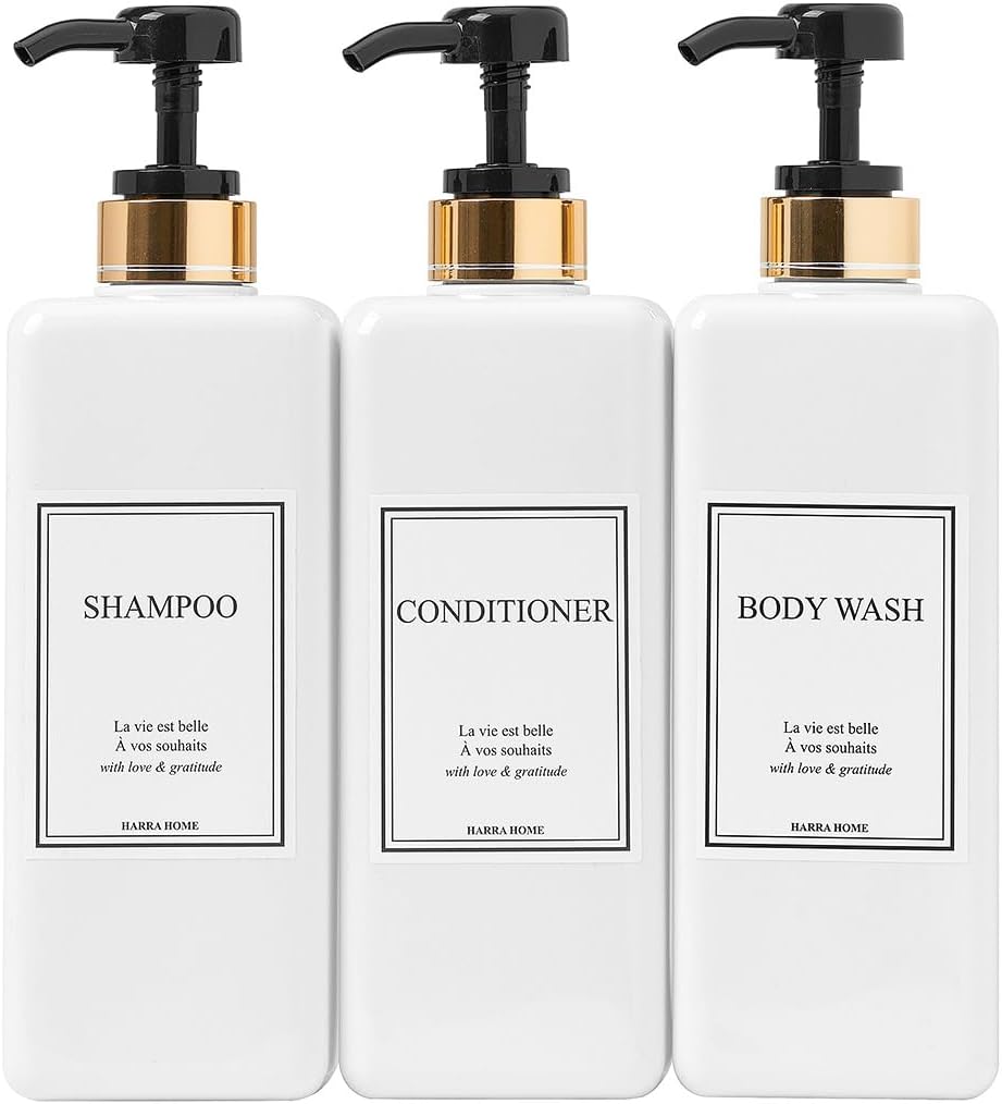 Modern Gold Design Large 27 oz Shampoo and Conditioner Dispensers - Empty Plastic Refillable Pump