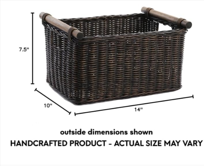 The Basket Lady Pole Handle Wicker Storage Basket, Small, 14 in L x 10 in W x 7.5 in H, Antique