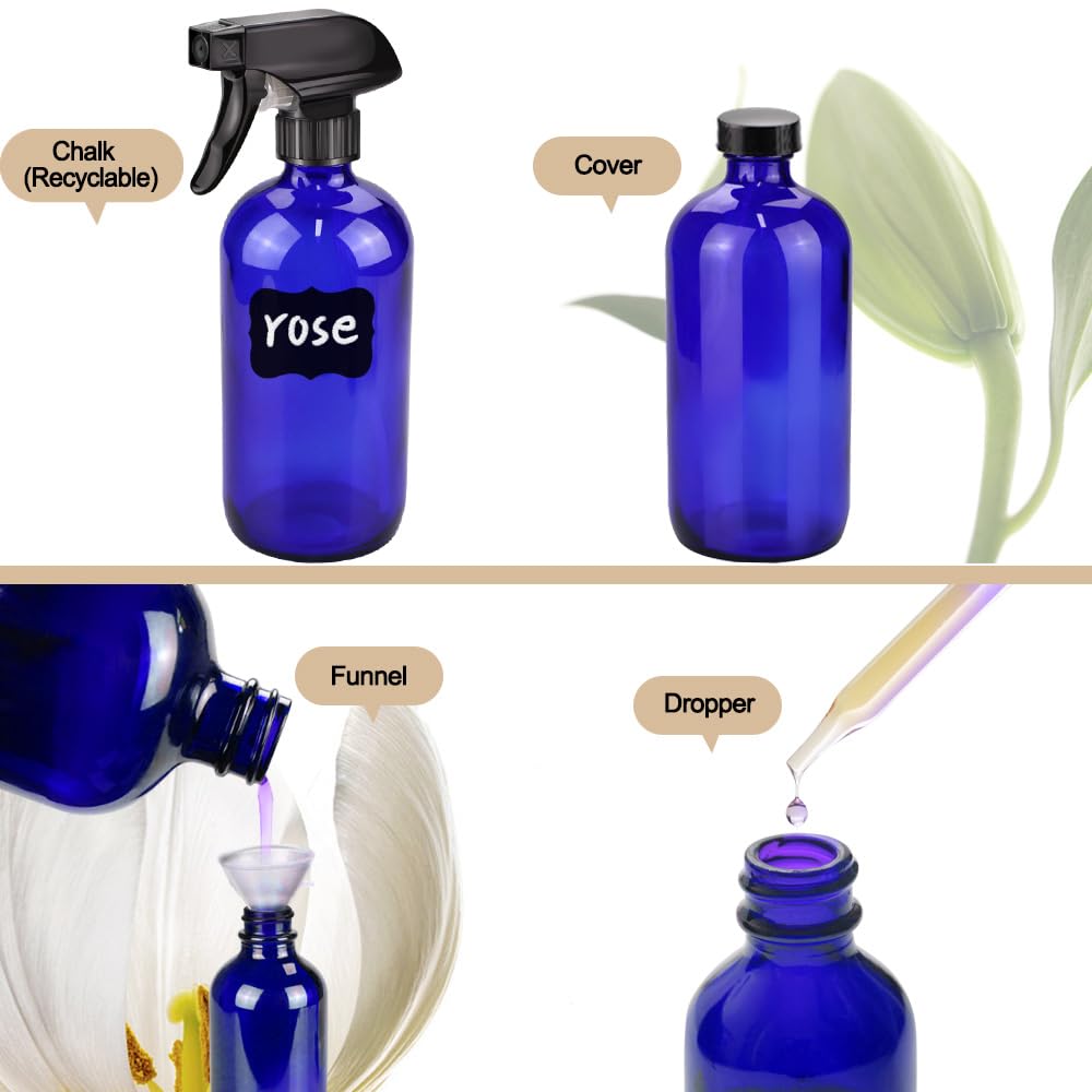 Glass Spray Bottle Kit×10 (2×16 oz, 2×4 oz, 6×2 oz), 9×10 ml Roller Bottles, Anti UV, Multi Size