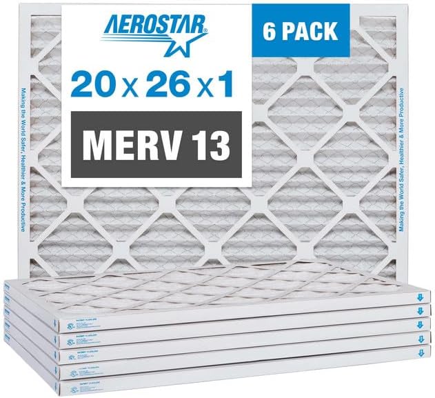 Aerostar 20x26x1 MERV 13-6 Count - Pleated Furnace & Air Conditioner Filters - Removes Bacteria