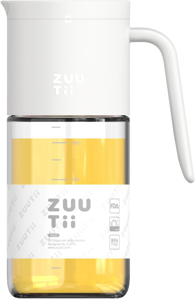 Zuutii Olive Oil Dispenser Bottle 18.6oz – Auto Flip Glass Vinegar Bottle with No-Drip Spout for