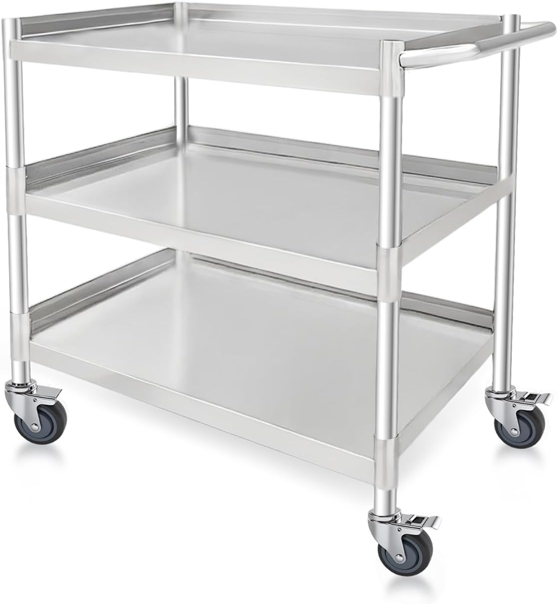 3-Shelf Stainless Steel Rolling Utility Cart - Heavy-Duty Metal Mobile Storage with Handle &