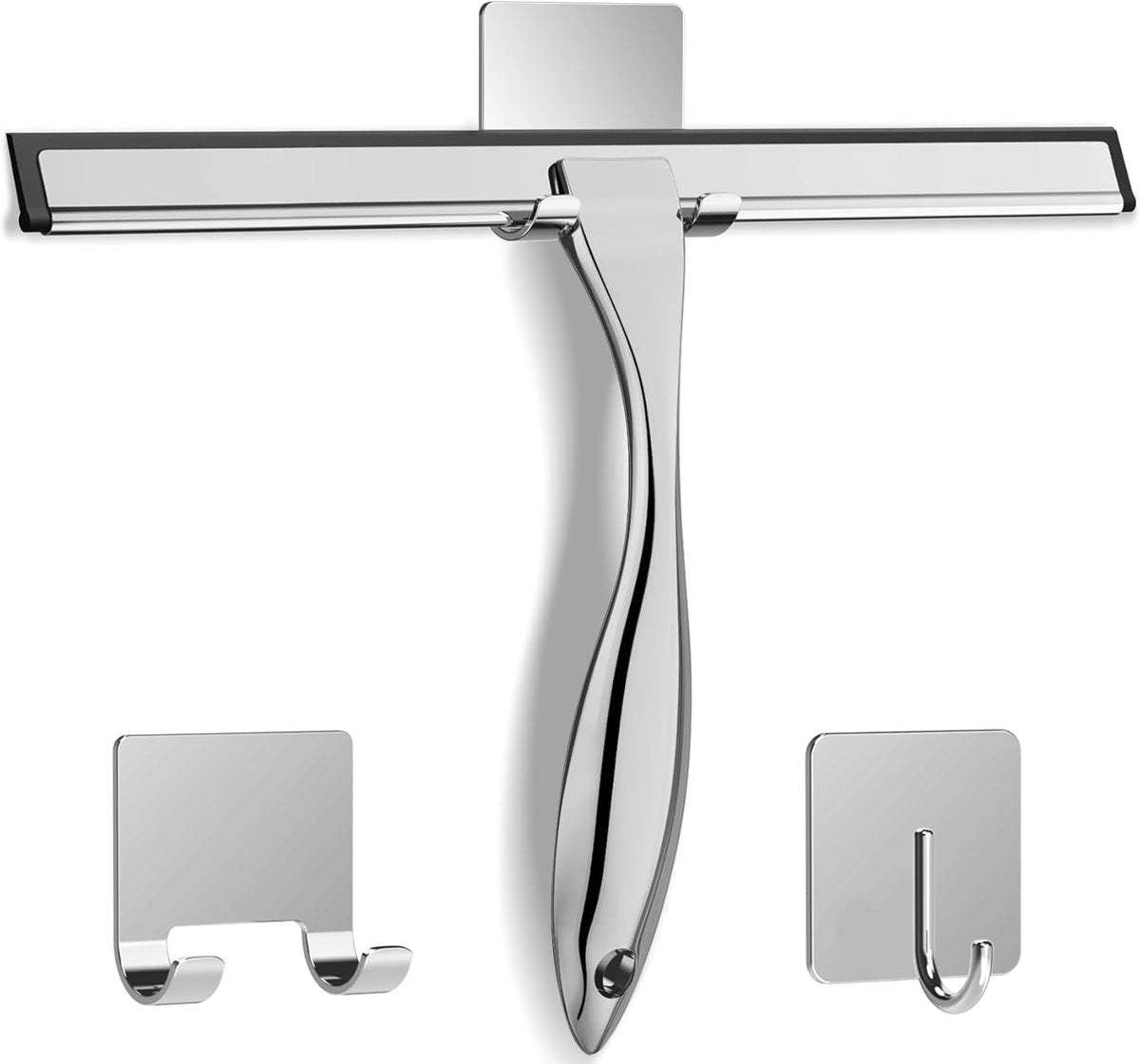 All-Purpose Stainless Steel Shower Squeegee for Shower Doors with 2 Adhesive Hooks, Bathroom
