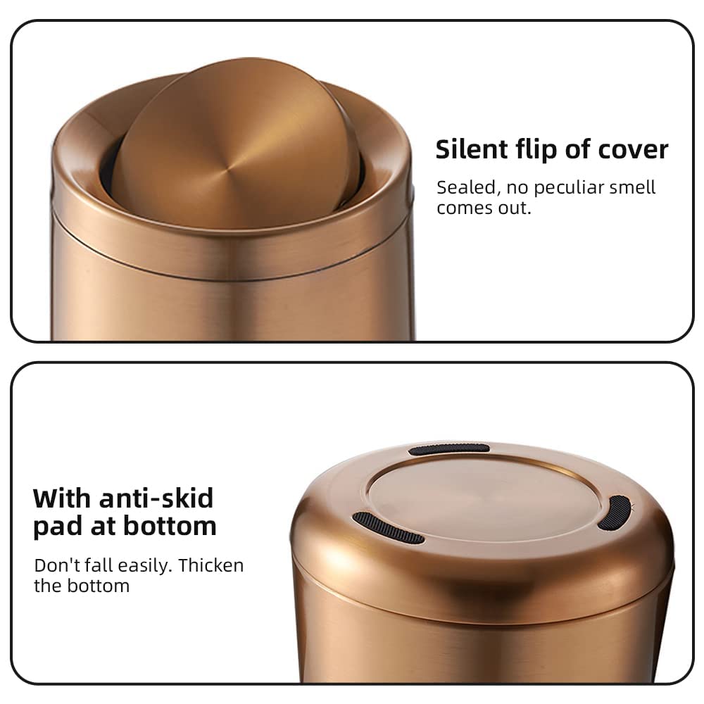 10 L/2.6Gallen,Swing Lid Gold Brass Trash Can,Brushed Nickel Garbage Can Bathroom with Flipping