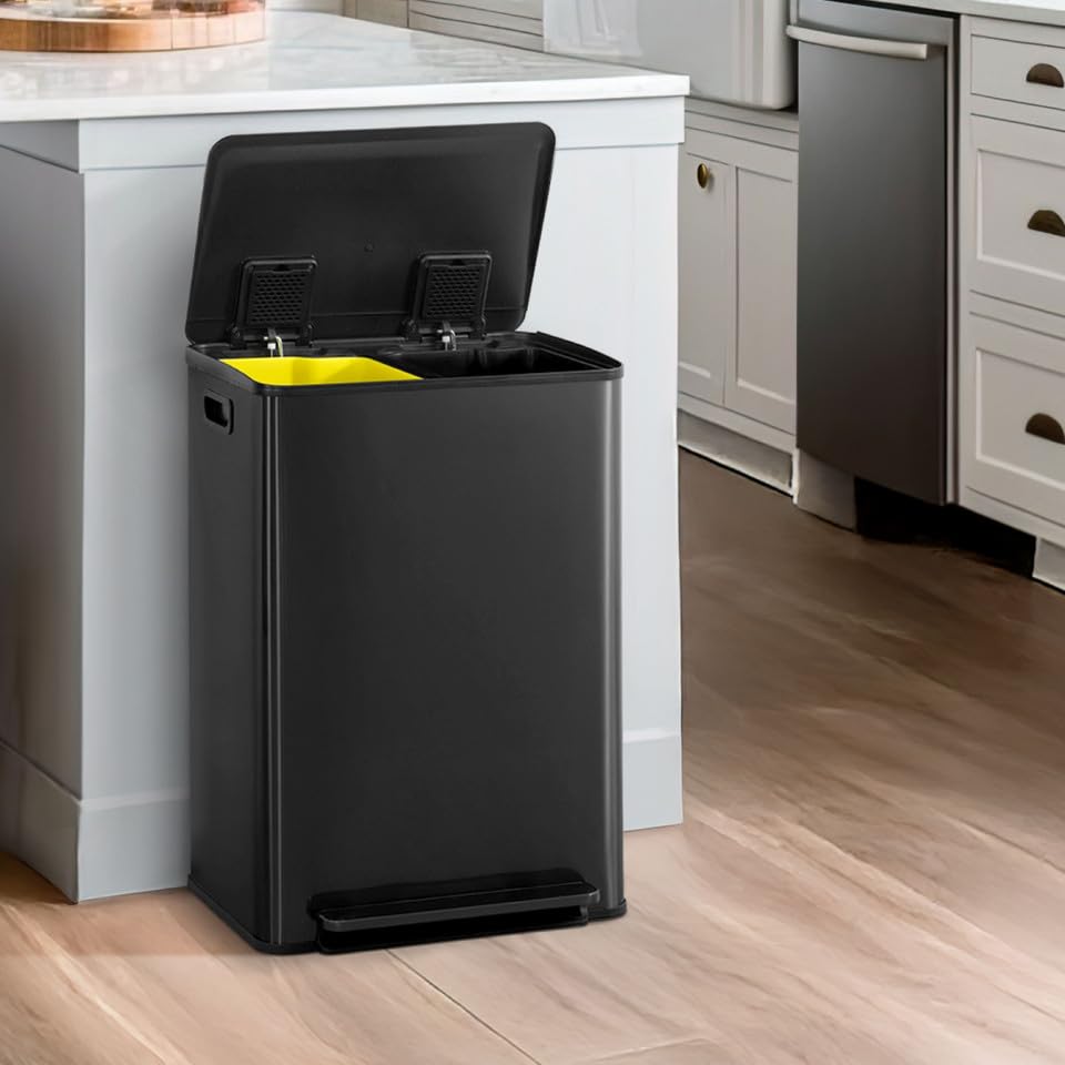 CAPHAUS Black Dual Trash Can w/Single Lid, Trash & Recycle Bins Combo, Hands-Free Stainless-Steel