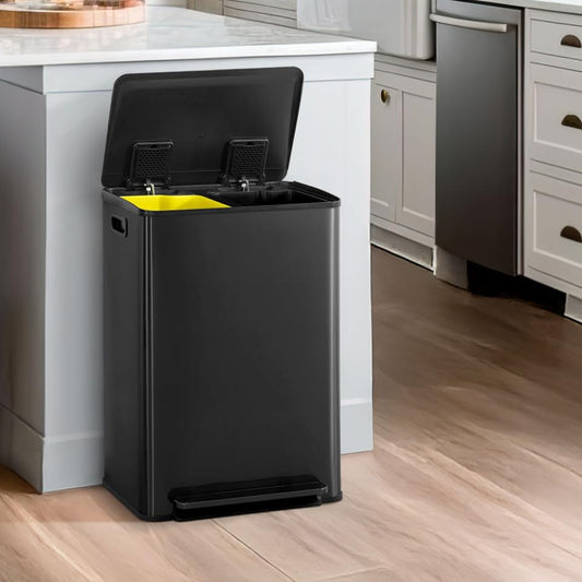 CAPHAUS Black Dual Trash Can w/Single Lid, Trash & Recycle Bins Combo, Hands-Free Stainless-Steel