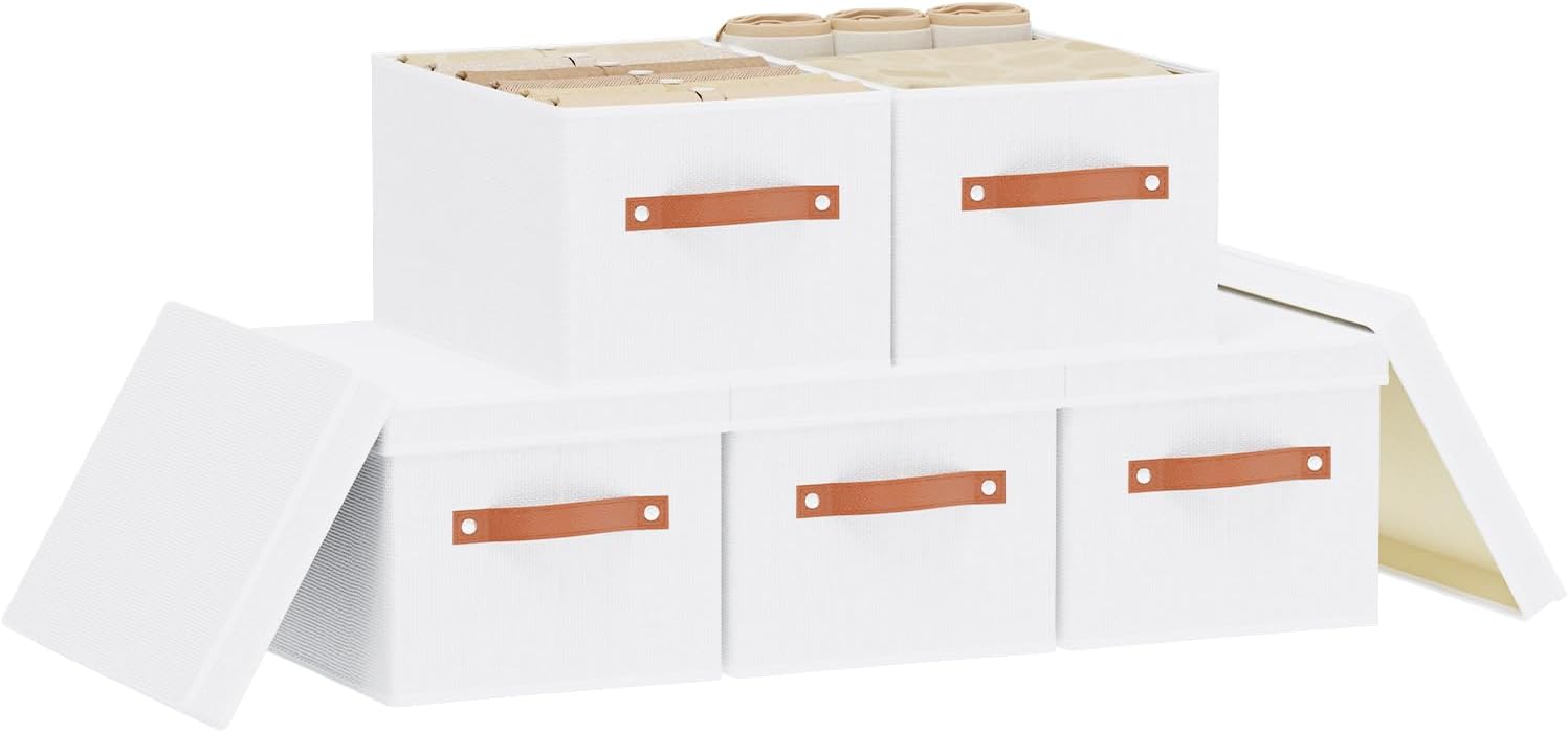 Fabric Storage Bins, 7.1 x 9.1 x 13 Inch Clothes Boxes for Shelves with Lids, Baskets for