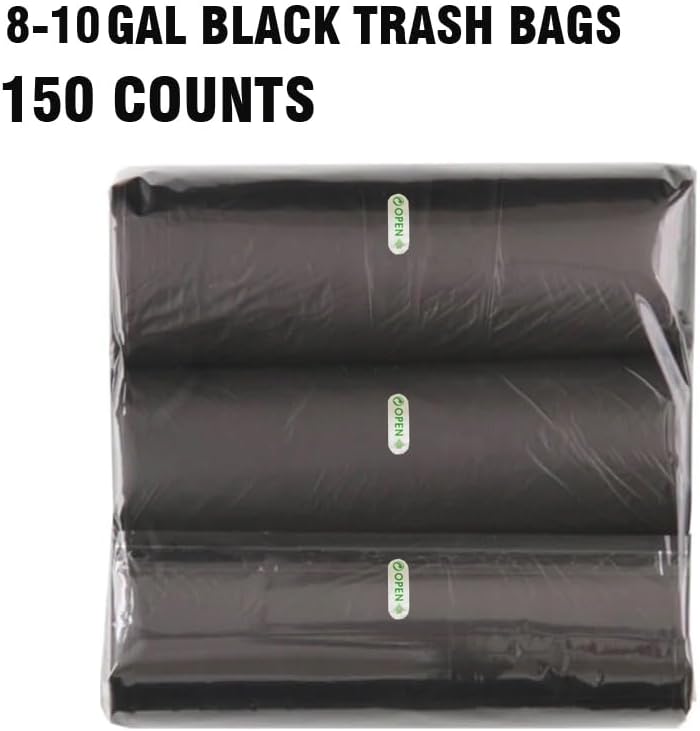 8-10 Gallon Trash Bags, 150 Count Black Garbage bags, Multi-purpose Trash Can Bin Liners for