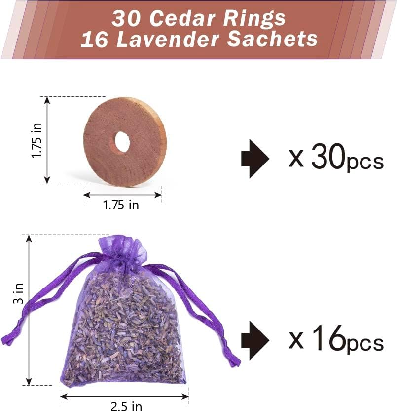 Pack of 30 Cedar Blocks and 16 Lavender Flower Sachets Craft Bag, Drawer Freshener, Linen, Shower