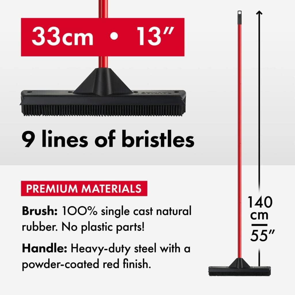 Pet Hair Remover Rubber Broom with Built in Squeegee - Carpet Rake for Pet Hair Removal on Hardwood