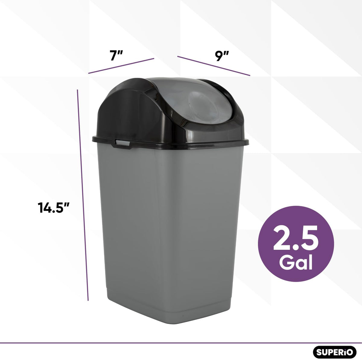 Superio Small 2.5 Gallon Plastic Trash Can with Swing Top Lid, Compact Slim Waste Bin for Under