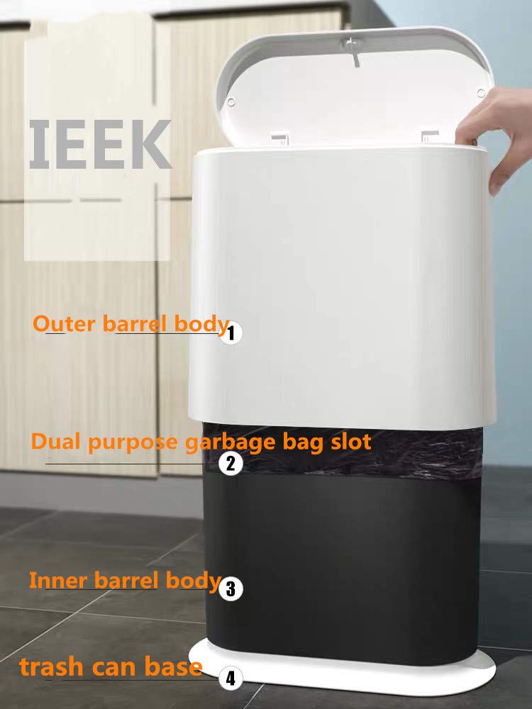 IEEK Slim Plastic Trash Can with Press Top Lid,2.4 Gallon/10 Liter Garbage Can Modern Waste Basket