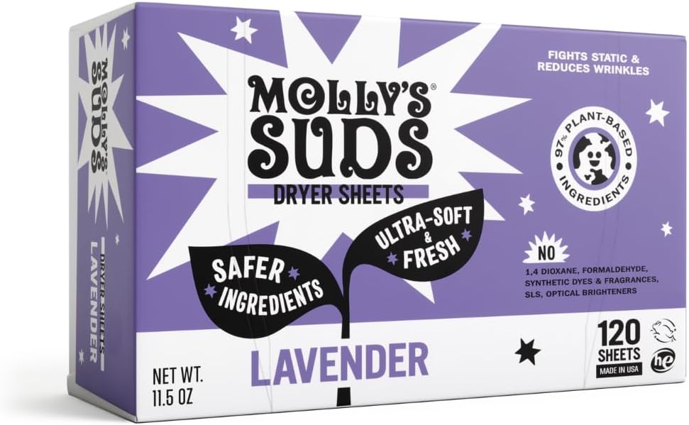 Molly's Suds Fabric Softener Dryer Sheets for Sensitive Skin | Plant-Based Static Reducer