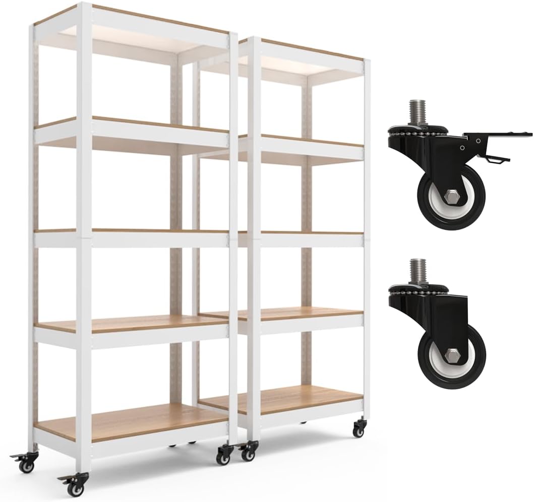 HOMEDANT House White 5-Tier Metal Rolling Cart Shelf Rack Casters Heavy Duty Wheel Shelving Unit