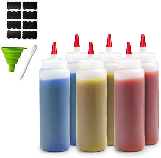 6-Pack Condiment Squeeze Bottles for Sauces - Includes Funnel, Erasable Marker & Reusable Labels