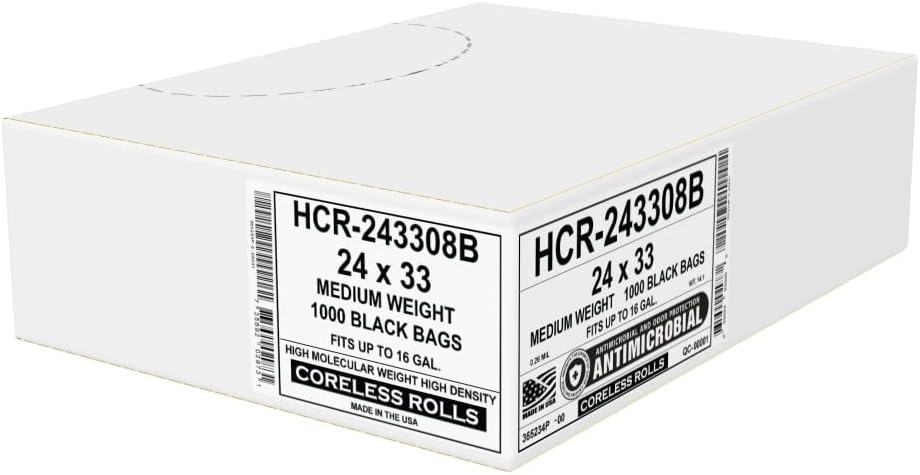 Aluf Plastics High Density Trash Bags, 16 Gallon, 1000 Count, 8 Micron (eq), 24" x 33", Black, for