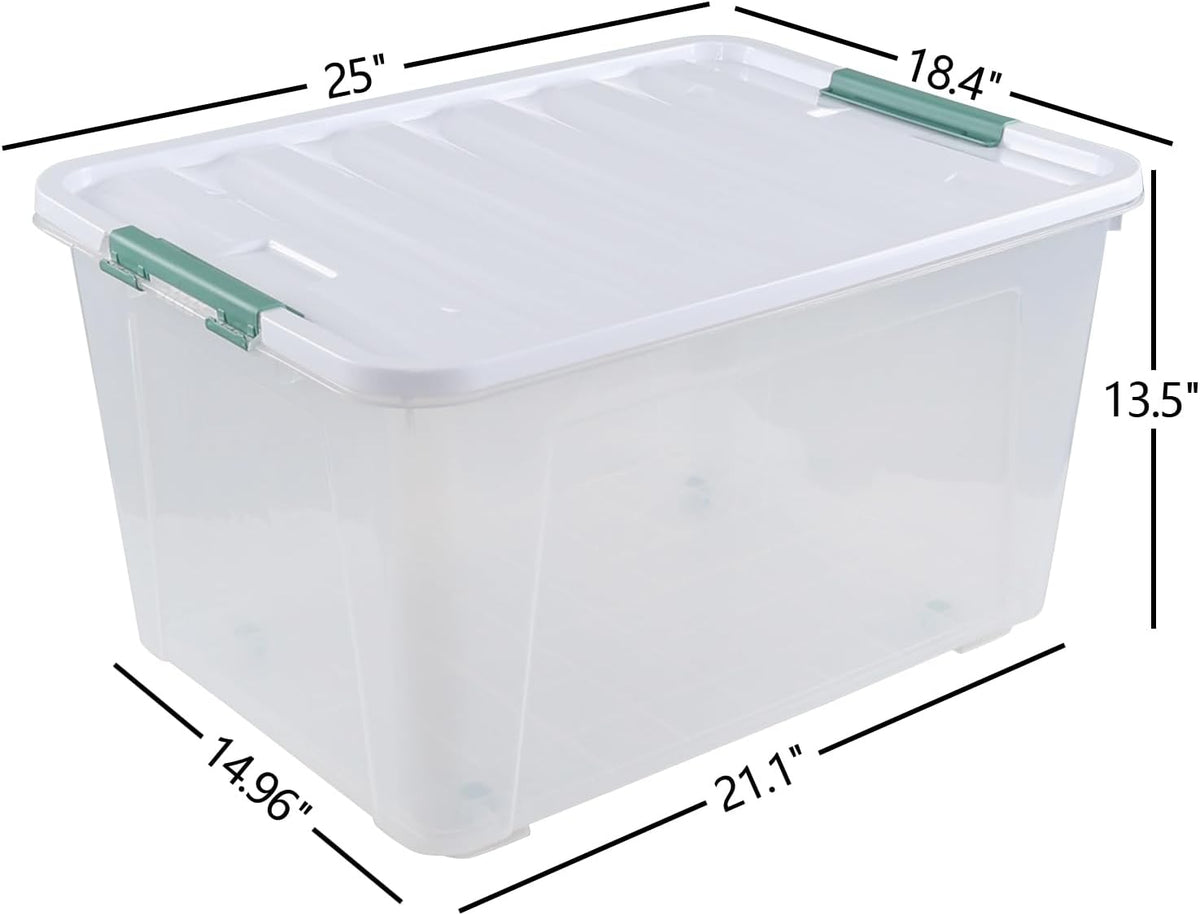 80 L Large Clear View Plastic Storage Bin with Lid and Secure Latching Buckles, 4-Pack Wheeled