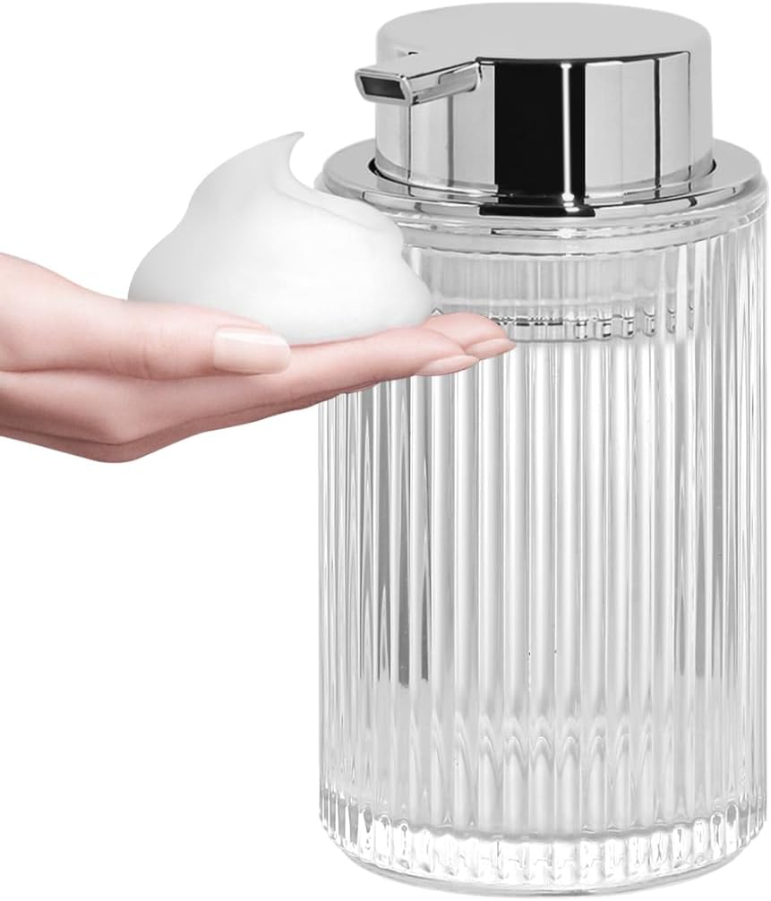Clear Foaming Soap Dispenser, 12 Oz Glass Foaming Hand Soap Dispenser with Silver Pump, Bathroom