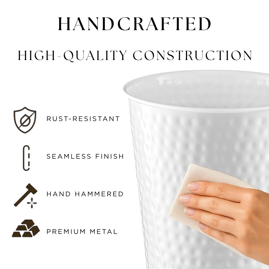 Monarch Abode White Hand Hammered Metal Wastebasket for Home Office Bedroom, Decorative Waste
