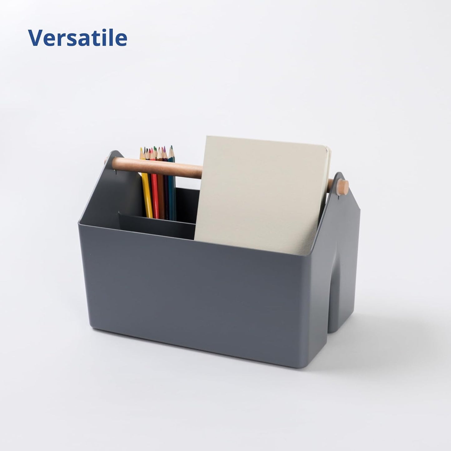 BLUE GINKGO Medium Storage Basket – Plastic Caddy with Wooden Handle for Office, Arts & Crafts, or