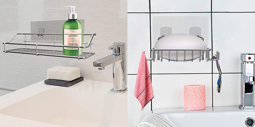 Nieifi Shower Caddy Shelf with Hooks Storage Rack Organizer Adhesive Stainless Steel without