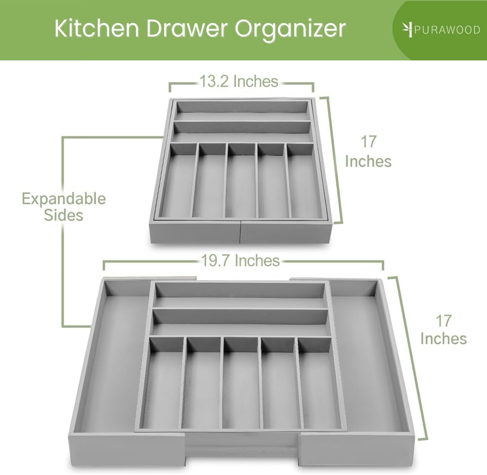 Purawood Bamboo Drawer Organizer - Expandable Silverware Organizer & Utensil Organizer, Cutlery