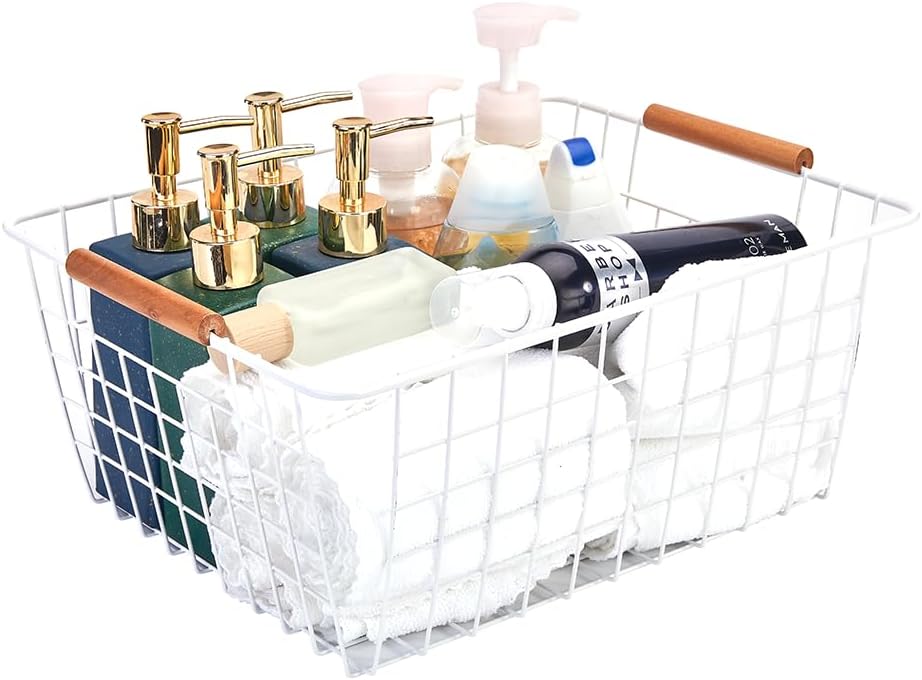 LeleCAT Large white wire baskets with Wooden Handles for storage pantry, Storage Organizer Baskets