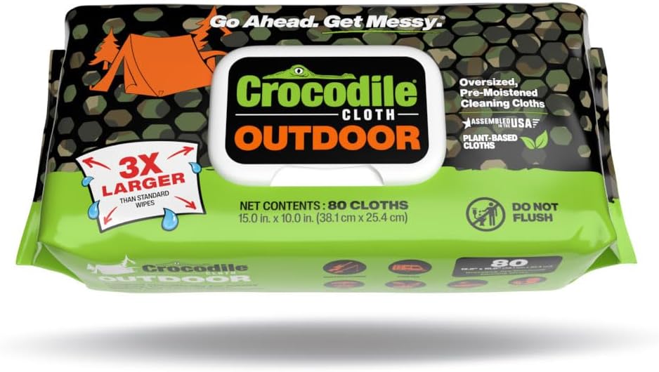 Crocodile Cloth Outdoor Cleaning Wipes – 8 Packs/640 Total Count Plant-Based Cloths (15"x10"), Skin