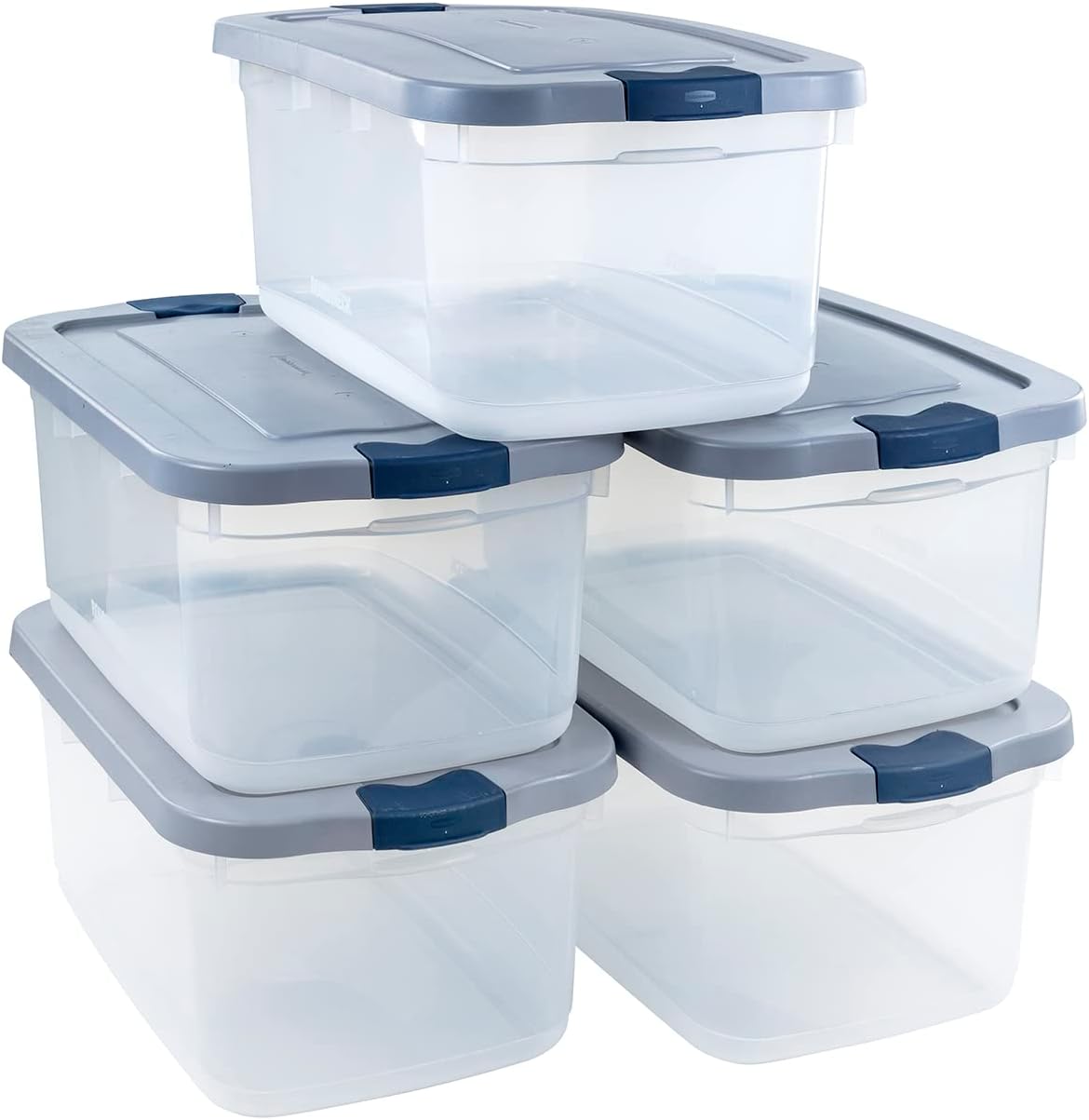 Rubbermaid Roughneck Clear 50 Qt/12 Gal Storage Containers, Pack of 5 with Latching Grey Lids