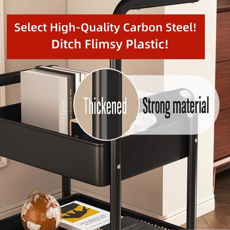 3 Tier Metal Rolling Utility Cart Organizer with Walnut Table Top, Stable and Sturdy Rolling