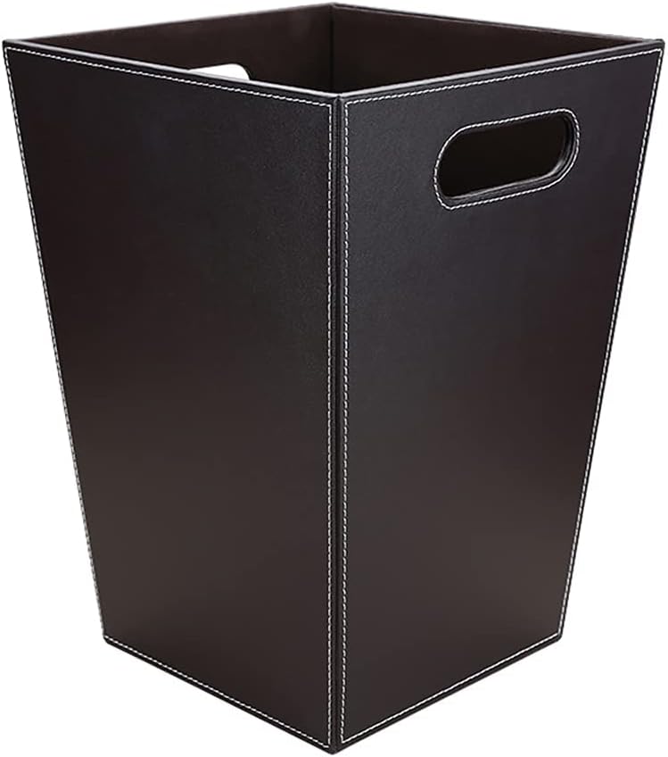 KINGFOM Classic Pu Leather Trash Can Wastebasket, Garbage Container Bin with Handles for Bathrooms