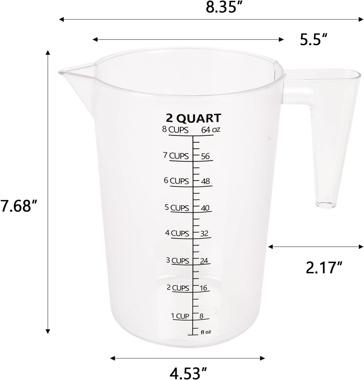 Food-Grade Plastic Measuring Pitcher – 64 Ounce & 8 Cups Measuring Cups with Handle for Liquid